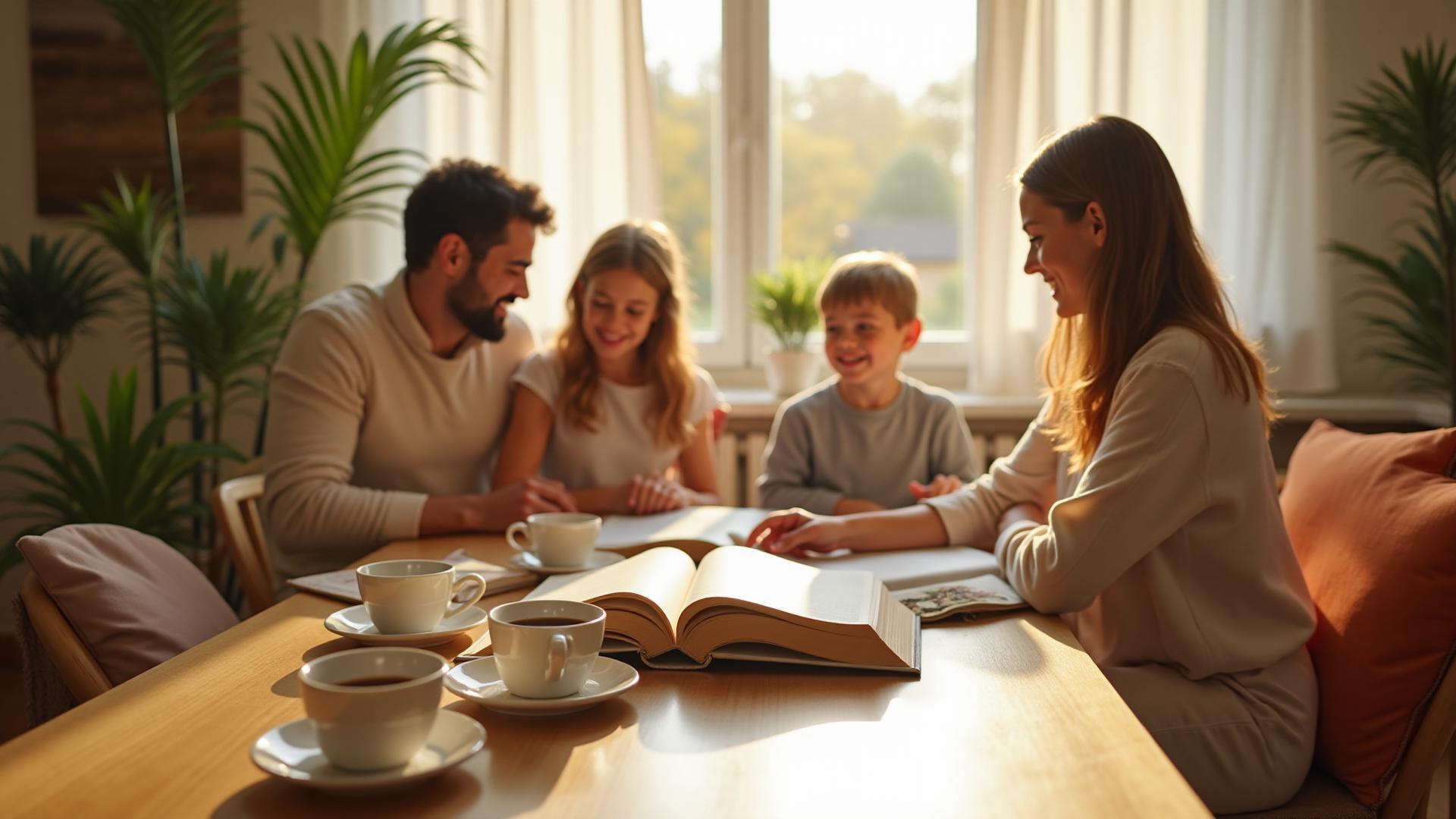 Family moment with books and coffee
